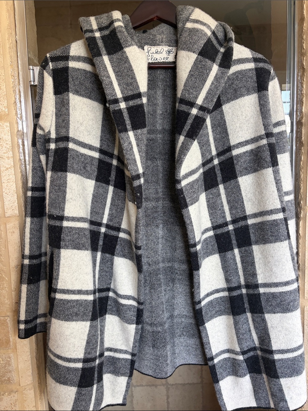Black and Cream Plaid Field & Flower Hooded wool Coat